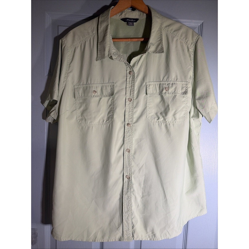 Womens Eddie Bauer XXL Green Polyester Button-Up Short Sleeve Blouse. Hiking.